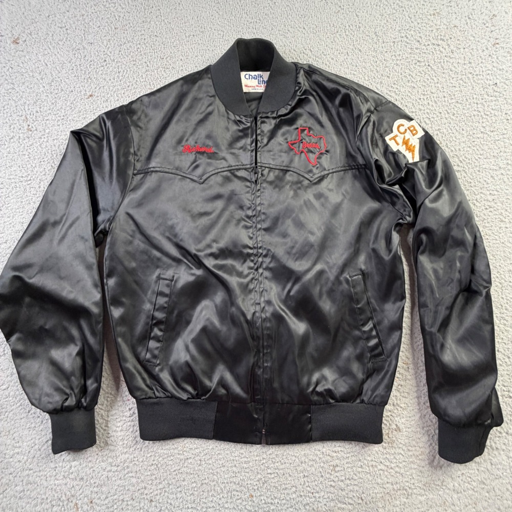 Vintage Chalk Line Western Black Satin Bomber Jacket Texas TCB Mens Medium USA